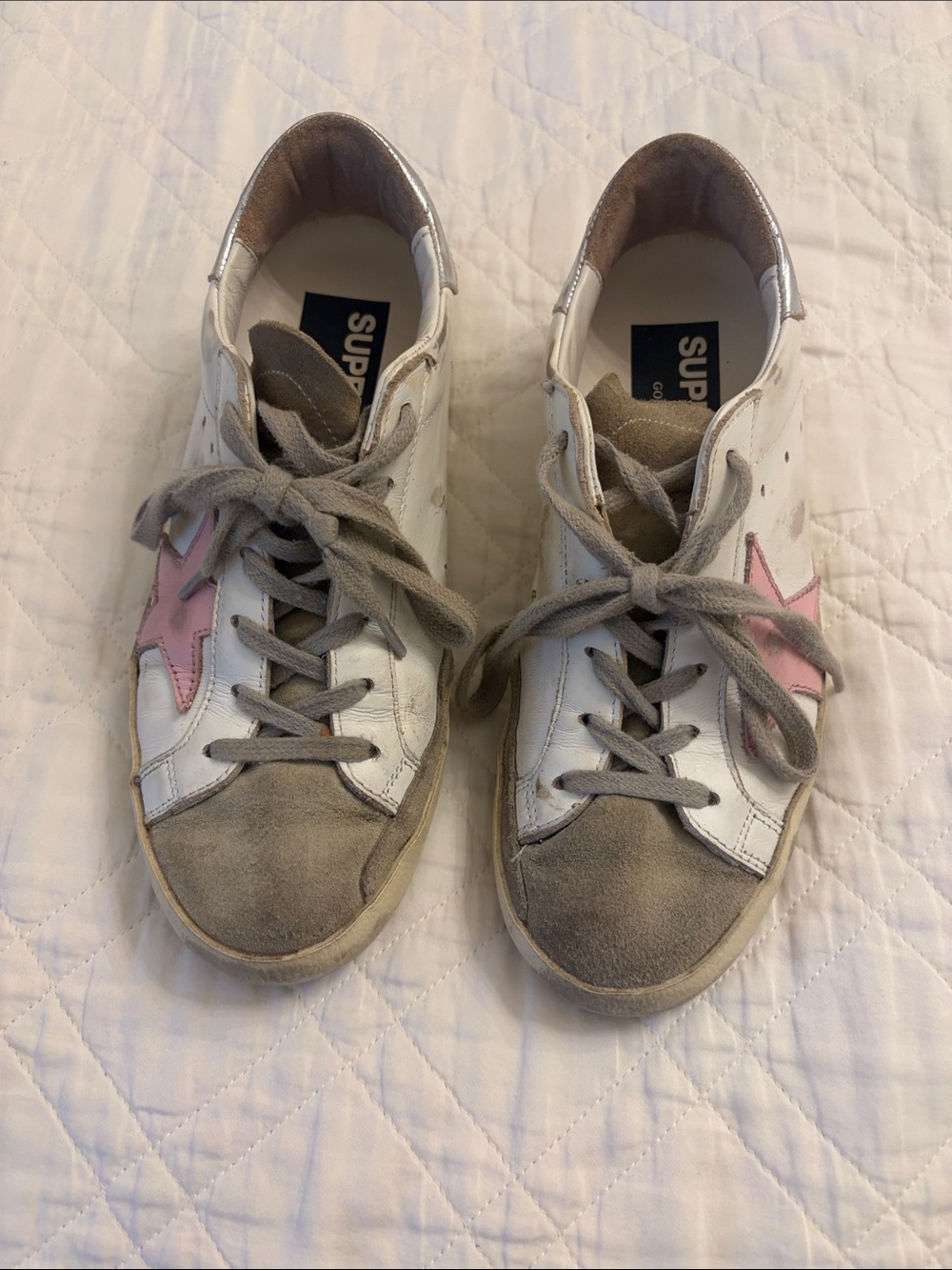 Golden Goose White Sneakers with Pink Star and Gray Suede